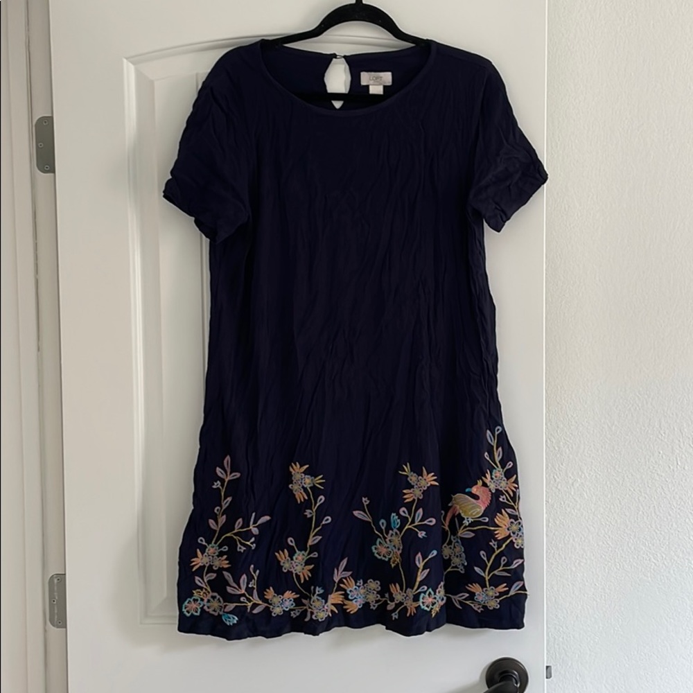 LOFT embroidered blue shift dress